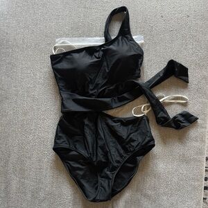 aerie Black One-Shoulder One-Piece Swimsuit
